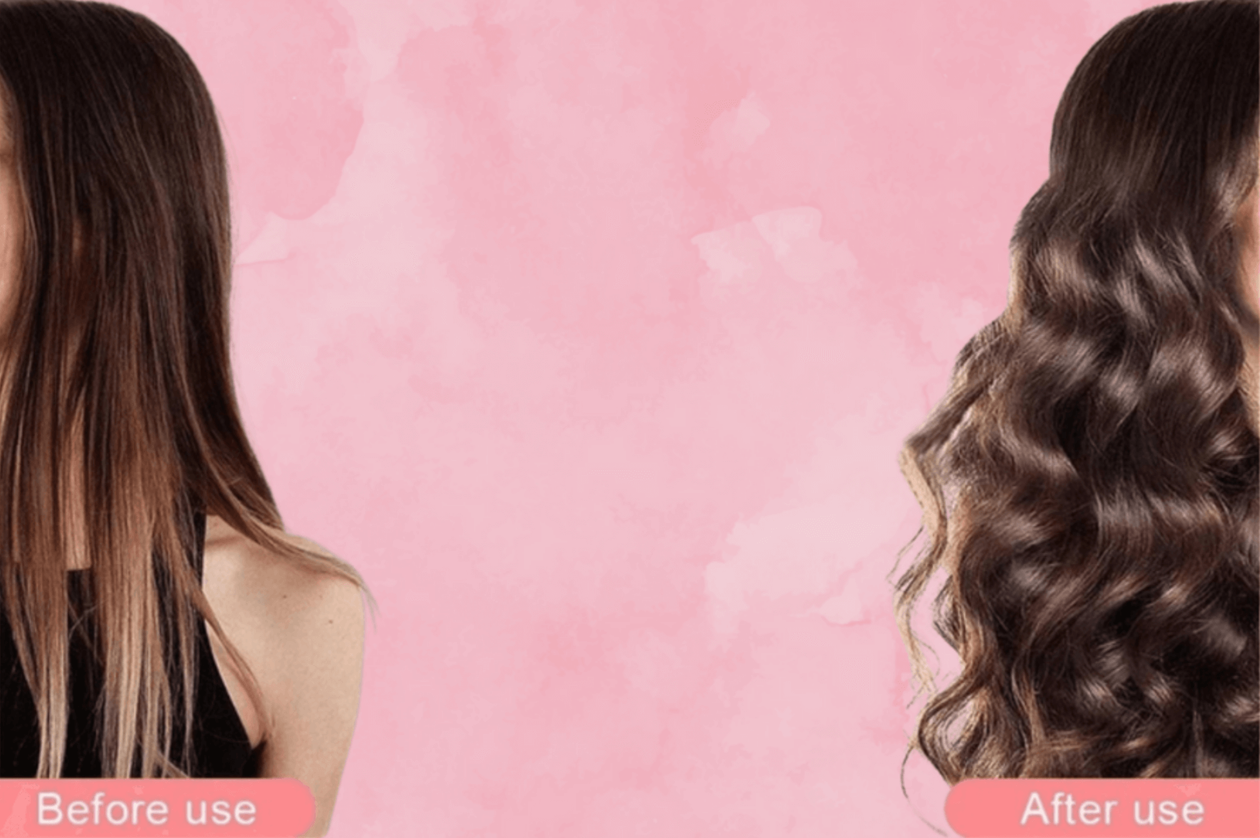 Comparative image showing hair before and after using the CurlGlam Hair Pro, highlighting the curler’s ability to transform straight hair into luxurious curls.