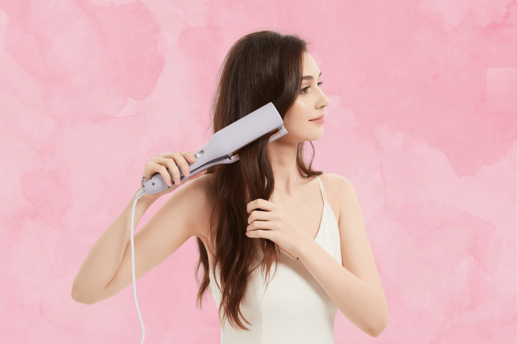 Model using the CurlGlam Hair Pro to curl her hair, demonstrating the ease and effectiveness of the curler in creating beautiful waves.