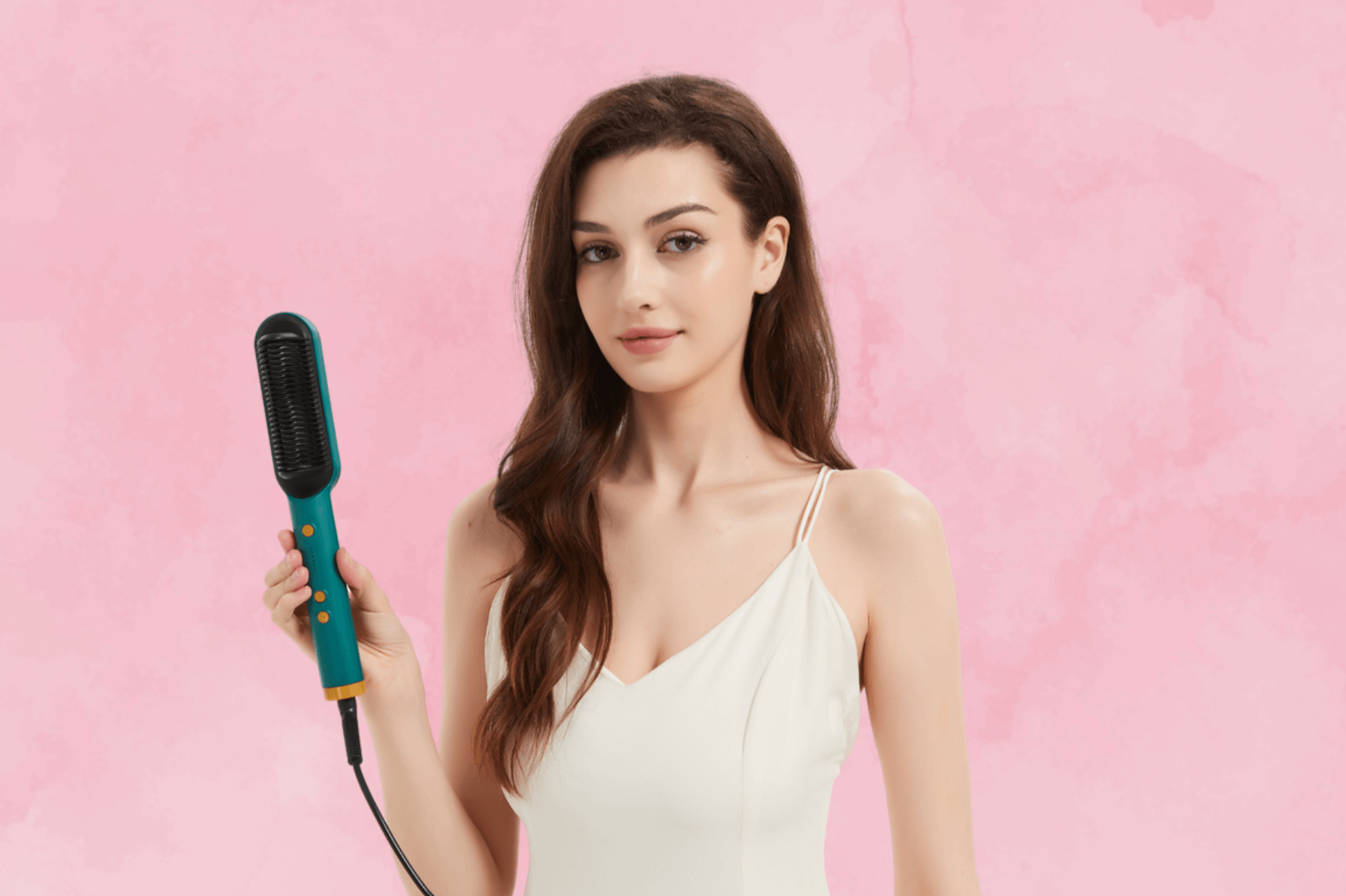 Model holding the Nora Pro Straightener, showcasing its stylish and compact design.