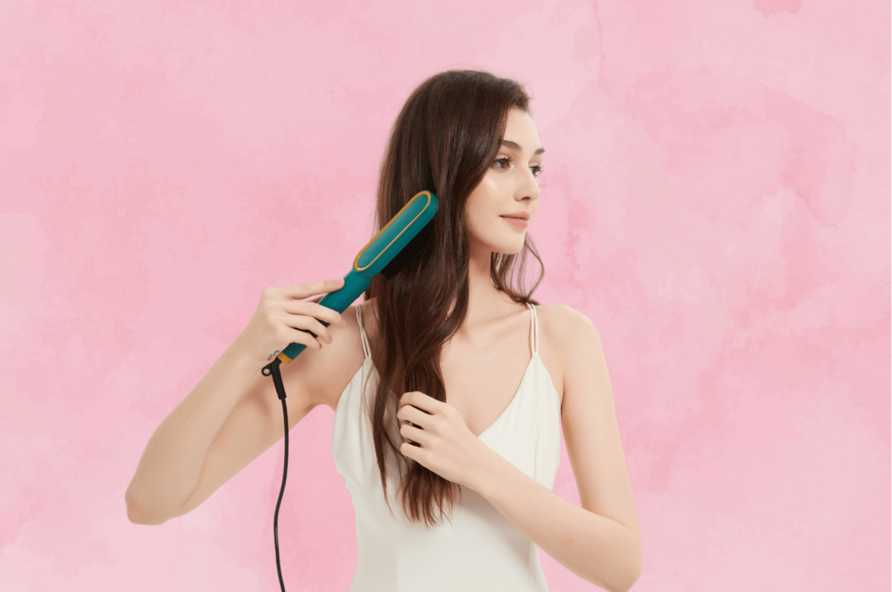 Model using the Nora Pro Straightener, straightening her hair for a sleek and smooth look.