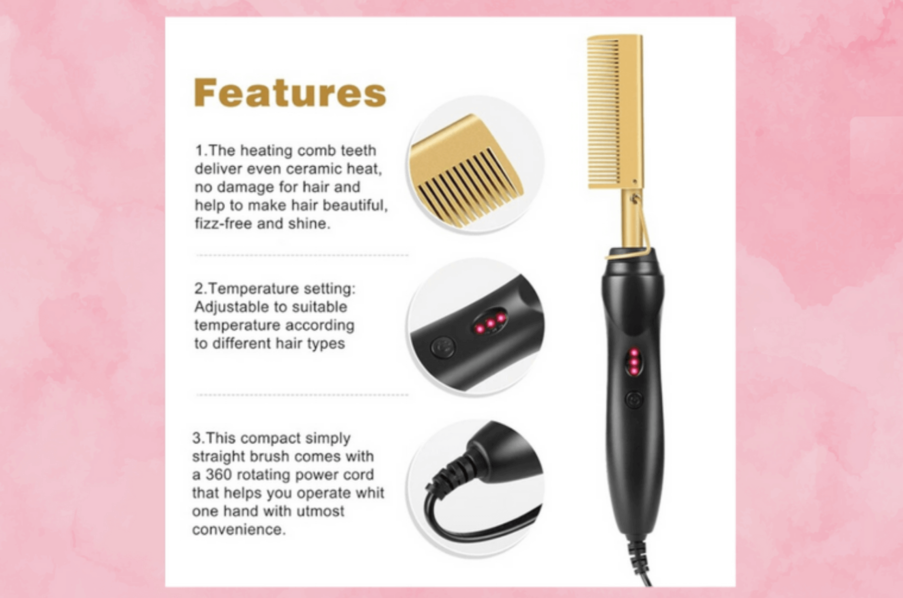 Visual breakdown of the key features of the QuickStyle Hot Comb, including adjustable thermostat, fast heating, and dual functionality.