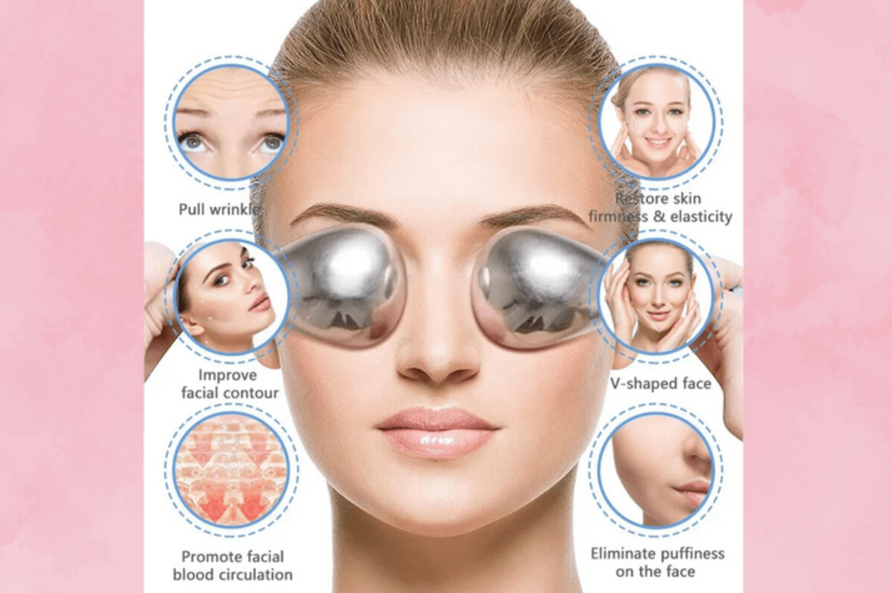 Visual representation of the benefits of Belladam Skin Ice Globes, including soothing, reducing puffiness, and rejuvenating the skin.