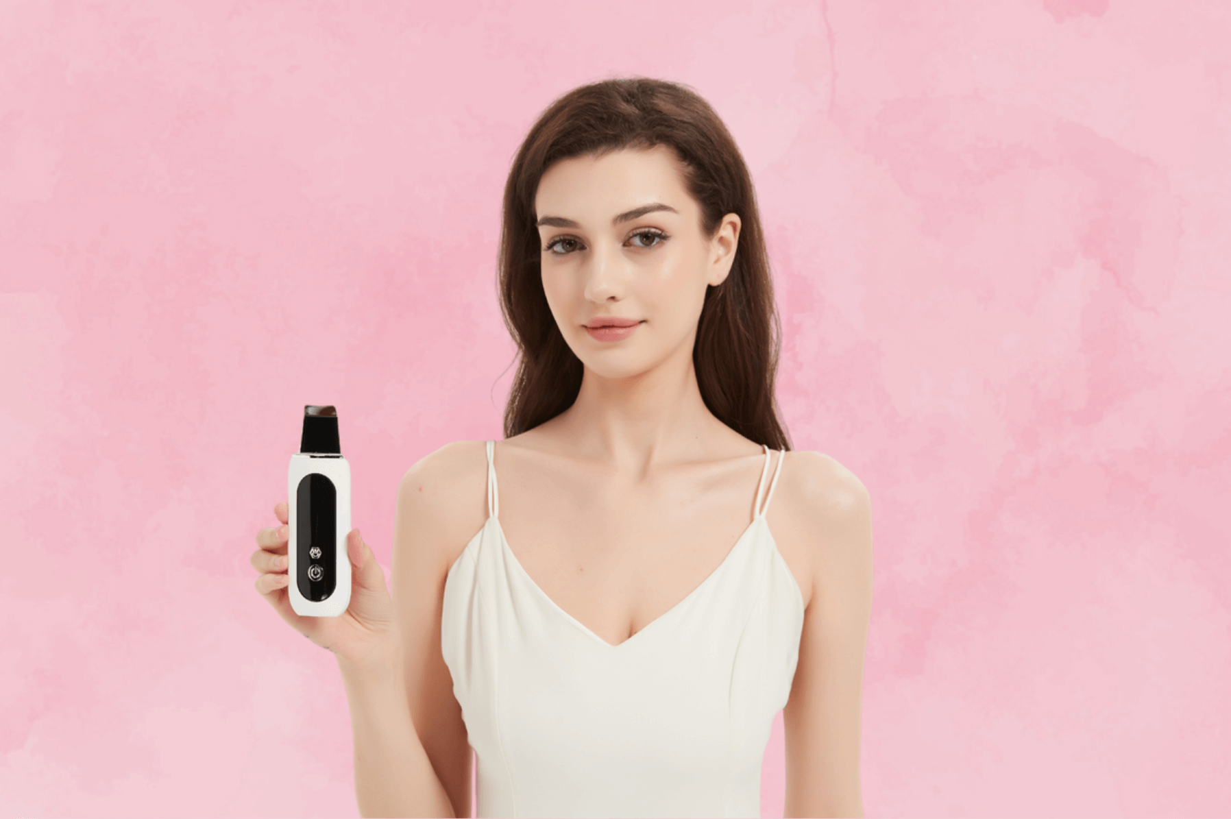 Model holding the BellaGlow Scrubber, showcasing its sleek and portable design.