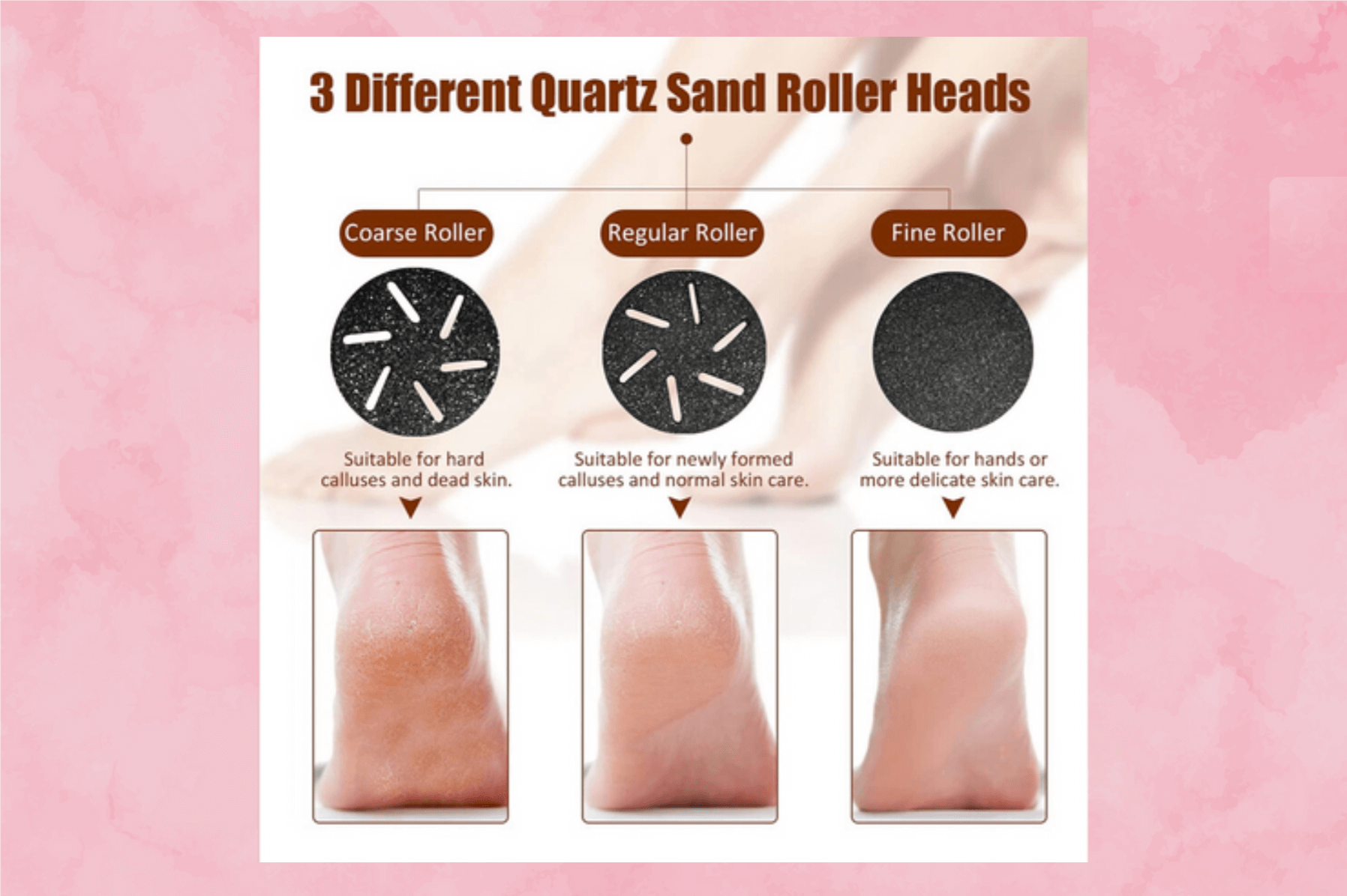 Three different roller heads of FootBliss Ultra, each designed for coarse, regular, and fine foot care.