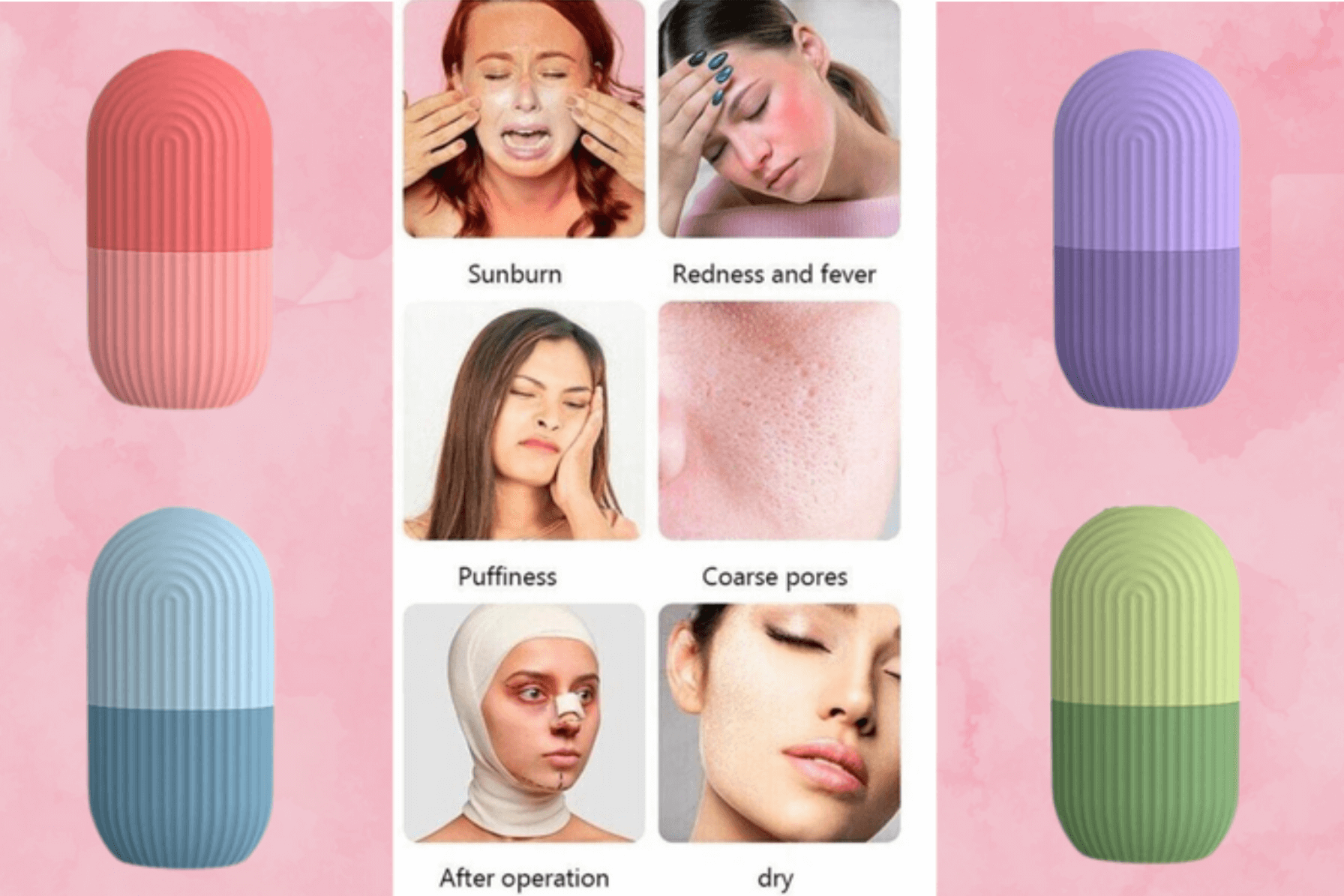 Illustration of when to apply the IceGlow Face Roller, showing all 4 product colors.